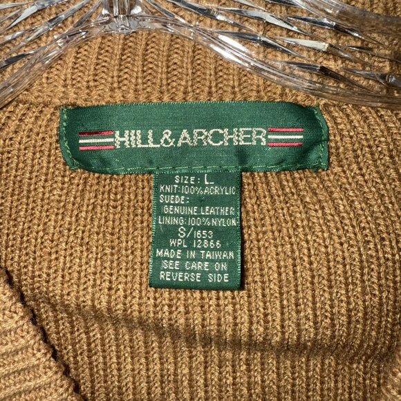 Vintage Hill & Archer V Neck Acrylic and Leather Sweater Large Brown Grandpa - Picture 3 of 7